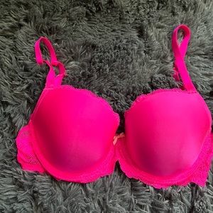 Victoria’s Secret laced hot pink bra. 34D